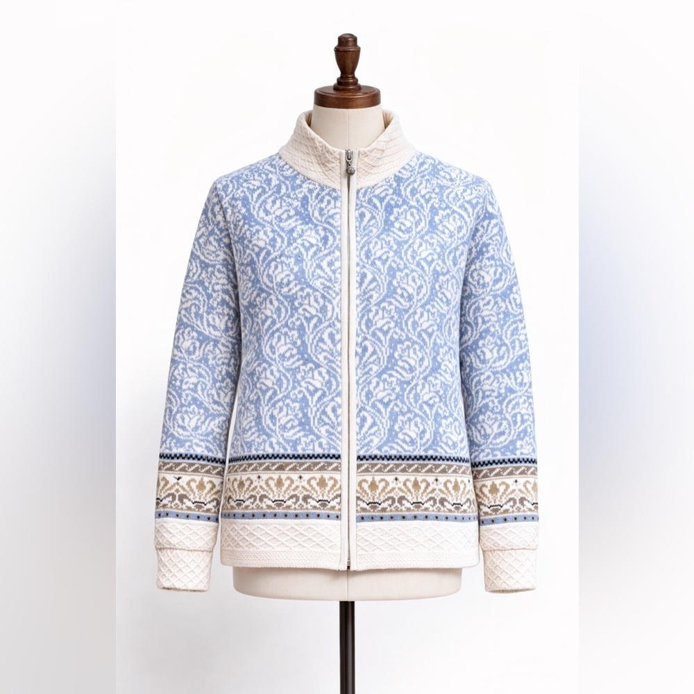 Northern Reflections Blue Damask Zip Cardigan L Cottagecore Y2K